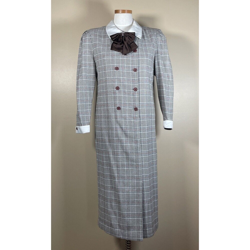 Vintage 80s  Plaid Dress Double Breasted Big Bow Contrast Collar C-38.5" Midi